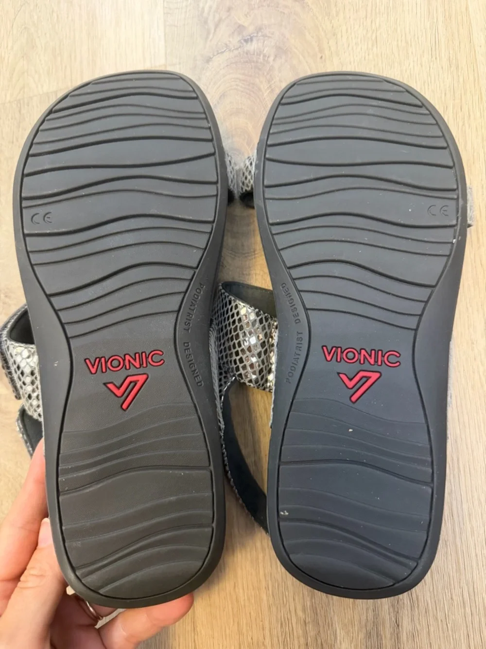 VIONIC Metallic Snake-Print Velcro Strap Sandals - Silver/Black